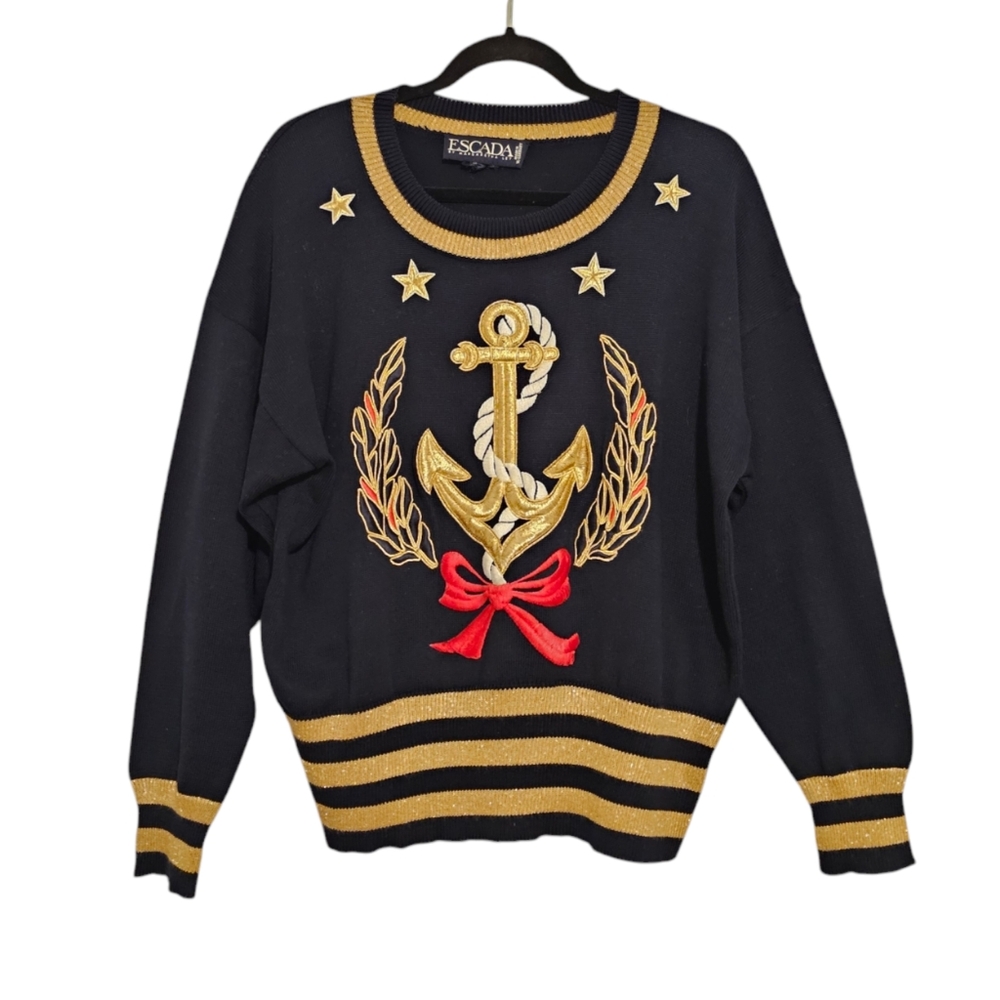Vintage Escada Margaretha Ley Nautical Anchor Holiday Sweater Size 40 M/L